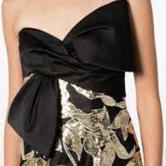Marchessa Notte Lotus black gold floral sequin bow cocktail holiday midi dress 6 - Picture 7 of 8
